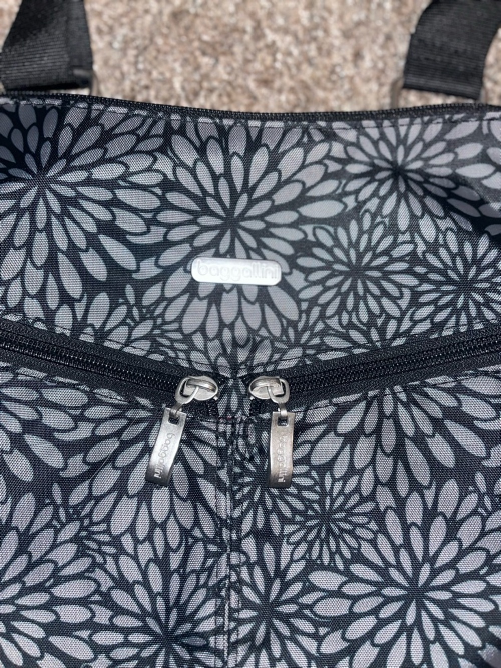 Baggallini Black Tote with Light Gray Floral Print